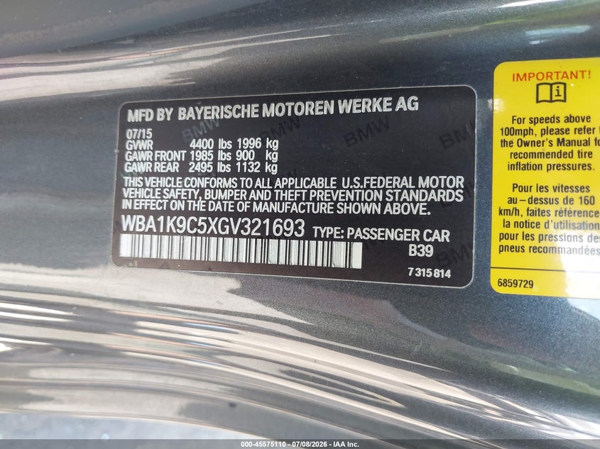 2016 BMW 2er VIN WBA1K9C5XGV321693 IAAI salvage auction — RIGHT FRONT, Clear (Michigan), sold $1,000 on 2026-08-20 (photo 9)
