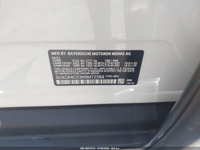 2022 BMW X5 VIN 5UXCR4C03N9M72569 IAAI salvage auction — FRONT END, Certificate Of Destruction (Florida), sold $21,400 on 2026-07-23 (photo 9)