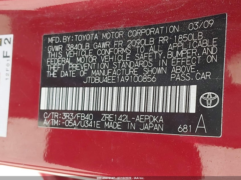 2010 Toyota Corolla VIN JTDBU4EE1A9100856 IAAI salvage auction — NORMAL WEAR, Original (New Hampshire), sold $525 on 2026-07-22 (photo 9)