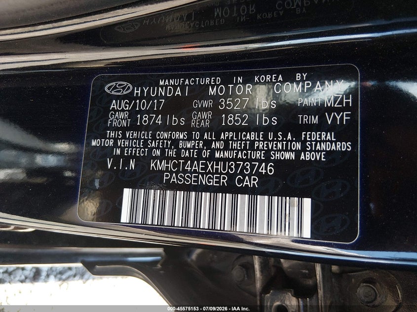 2017 Hyundai Accent VIN KMHCT4AEXHU373746 IAAI salvage auction — RIGHT SIDE, Salvage (South Carolina), sold $1,500 on 2026-08-02 (photo 9)