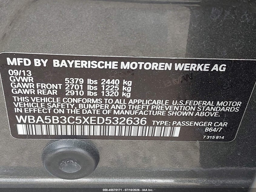 2014 BMW 5er VIN WBA5B3C5XED532636 IAAI salvage auction — FRONT END, Salvage (Ohio), sold $25 on 2026-07-29 (photo 9)