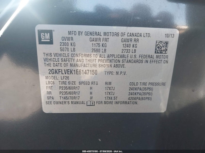 2014 Gmc Terrain VIN 2GKFLVEK1E6147150 IAAI salvage auction — UNDERCARRIAGE, Clear (Massachusetts), sold $375 on 2026-07-19 (photo 9)