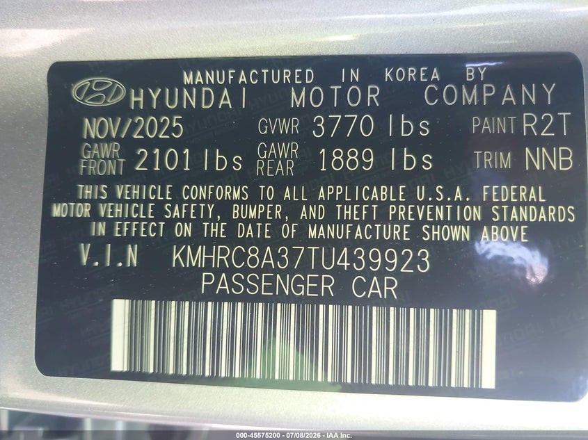 2026 Hyundai Venue VIN KMHRC8A37TU439923 IAAI salvage auction — STORM DAMAGE, Salvage (Pennsylvania), sold $2,150 on 2026-07-24 (photo 9)