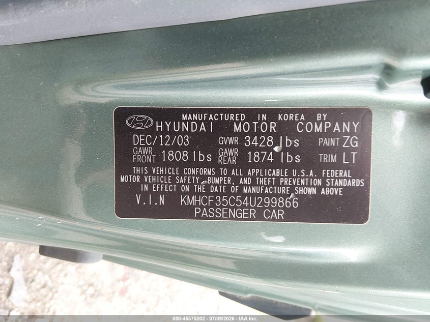2004 Hyundai Accent VIN KMHCF35C54U299866 IAAI salvage auction — FRONT & REAR, Clear (Maryland), sold $350 on 2026-07-30 (photo 9)