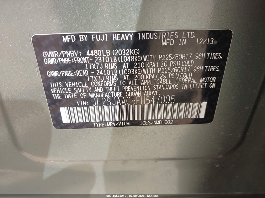 2014 Subaru Forester VIN JF2SJAAC5EH547005 IAAI salvage auction — LEFT FRONT, Salvage Title, sold $1,650 on 2026-07-24 (photo 9)