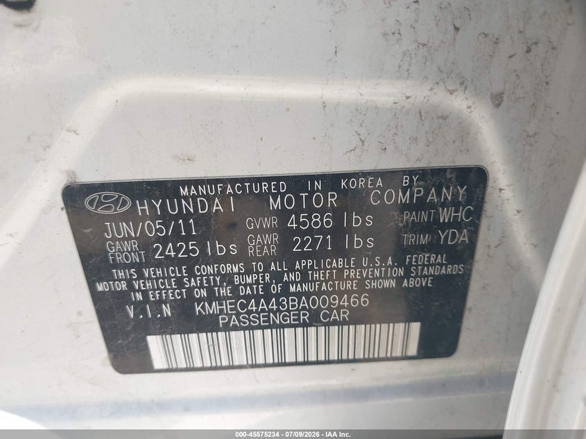 2011 Hyundai Sonata VIN KMHEC4A43BA009466 IAAI salvage auction — FRONT END, Salvage (Ohio), sold $300 on 2026-07-21 (photo 9)