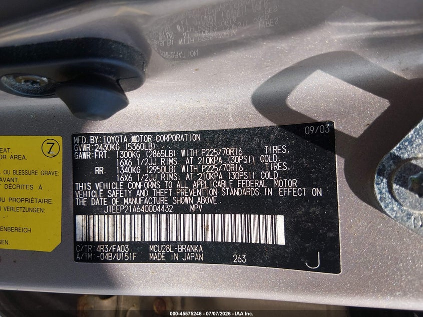 2004 Toyota Highlander VIN JTEEP21A640004432 IAAI salvage auction — NORMAL WEAR, Clear (South Carolina), sold $975 on 2026-07-15 (photo 9)