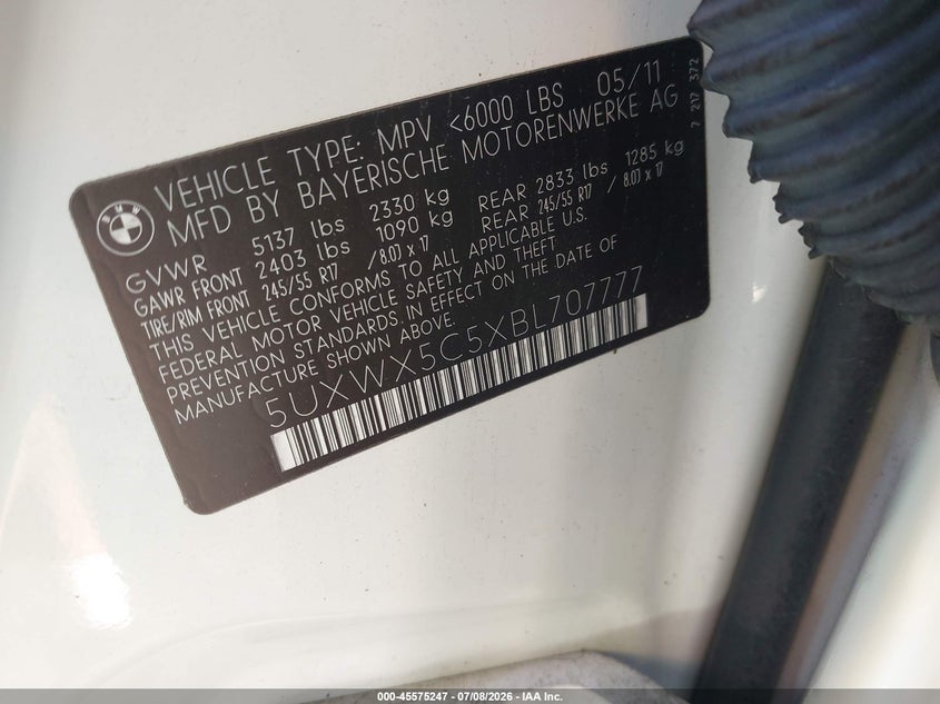 2011 BMW X3 VIN 5UXWX5C5XBL707777 IAAI salvage auction — RIGHT FRONT, Mv-907A (New York), sold $50 on 2026-07-21 (photo 9)