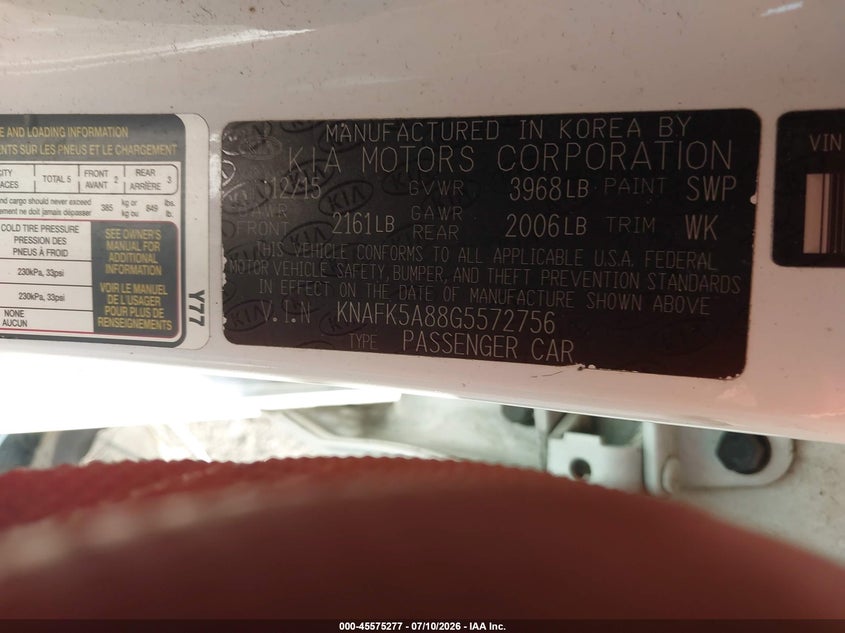 2016 Kia Forte VIN KNAFK5A88G5572756 IAAI salvage auction — FRONT END, Salvage (Pennsylvania), sold $25 on 2026-07-24 (photo 9)