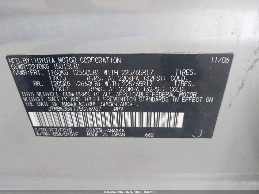 2007 Toyota Rav4 VIN JTMBK35V775018937 IAAI salvage auction — NORMAL WEAR, Clear (Pennsylvania), sold $1,600 on 2026-07-24 (photo 9)