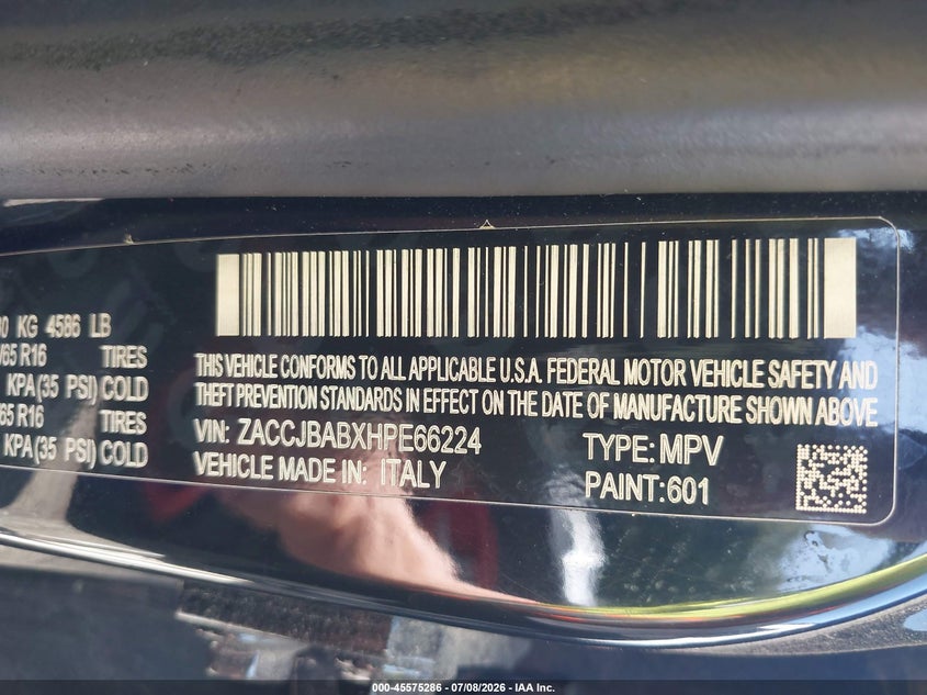 2017 Jeep Renegade VIN ZACCJBABXHPE66224 IAAI salvage auction — LEFT FRONT, Mv-907A (New York), sold $450 on 2026-08-04 (photo 9)