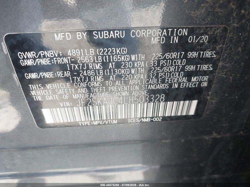 2020 Subaru Forester VIN JF2SKAJC4LH503328 IAAI salvage auction — FRONT END, Salvage Title, sold $875 on 2026-07-23 (photo 9)