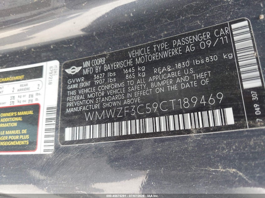 2012 Mini Clubman VIN WMWZF3C59CT189469 IAAI salvage auction — NORMAL WEAR, Salvage Title, sold $325 on 2026-07-29 (photo 9)
