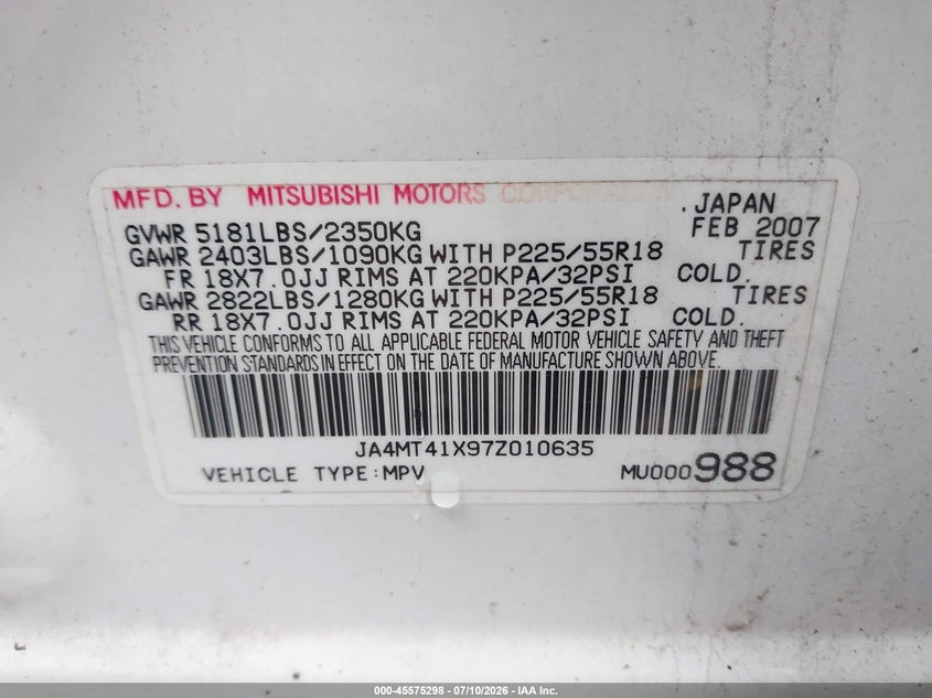 2007 Mitsubishi Outlander VIN JA4MT41X97Z010635 IAAI salvage auction — NORMAL WEAR, Clear (Maryland), sold $325 on 2026-07-30 (photo 9)