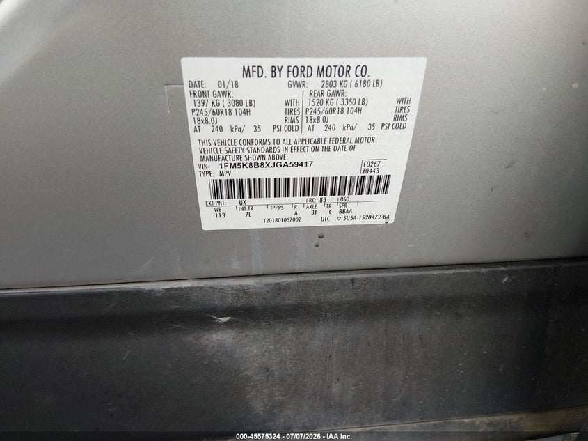 2018 Ford Explorer VIN 1FM5K8B8XJGA59417 IAAI salvage auction — NORMAL WEAR, SF97 (Virginia), sold $11,200 on 2026-07-22 (photo 9)