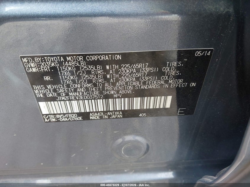 2014 Toyota Rav 4 VIN JTMZFREV3ED037512 IAAI salvage auction — REAR END, Salvage Title, sold $4,750 on 2026-07-17 (photo 9)
