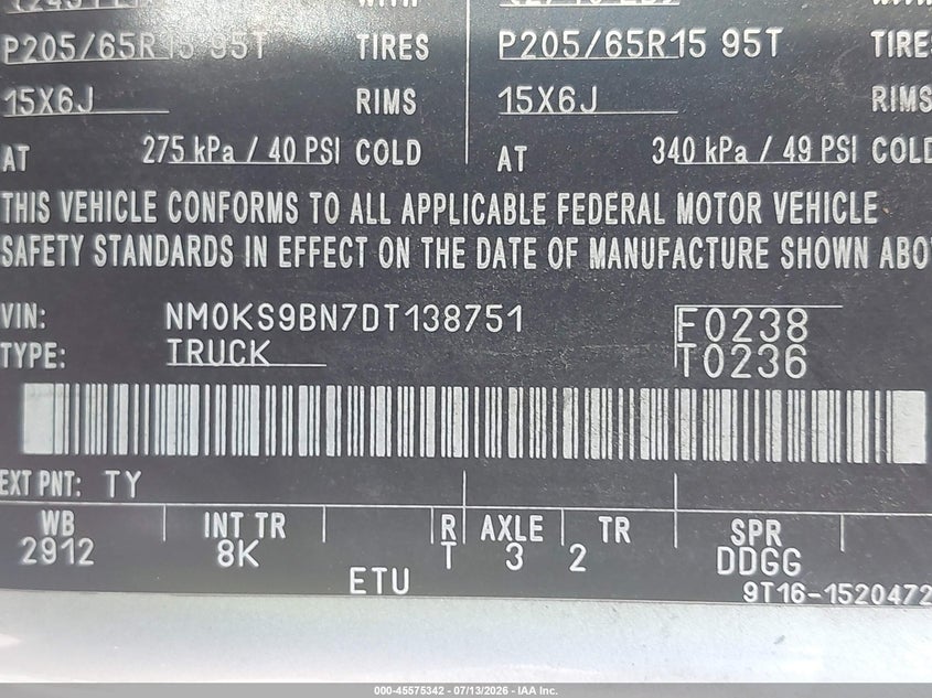2013 Ford Transit connect VIN NM0KS9BN7DT138751 IAAI salvage auction — NORMAL WEAR, Clear (Maryland), sold $2,025 on 2026-07-23 (photo 9)