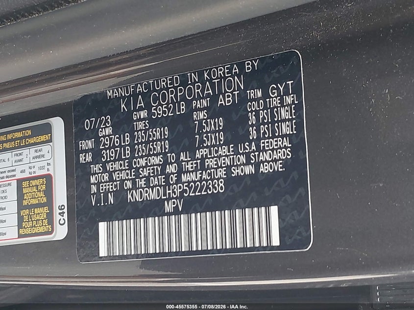 2023 Kia Sorento VIN KNDRMDLH3P5222338 IAAI salvage auction — REAR END, Salvage Title, sold $12,600 on 2026-07-31 (photo 9)