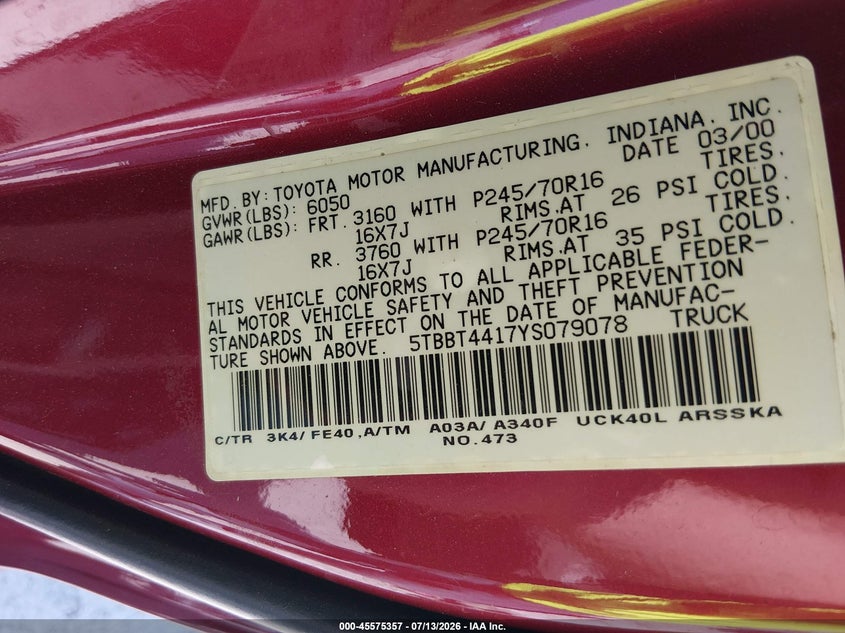 2000 Toyota Tundra VIN 5TBBT4417YS079078 IAAI salvage auction — NORMAL WEAR, Clear (Illinois), sold $1,050 on 2026-07-21 (photo 9)
