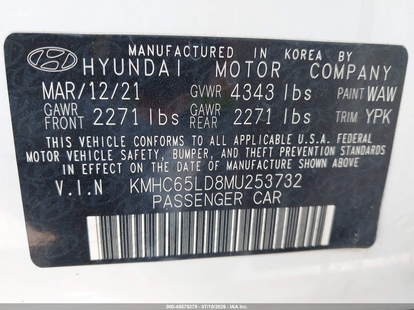2021 Hyundai Ioniq VIN KMHC65LD8MU253732 IAAI salvage auction — RIGHT FRONT, Mv-907A (New York), sold $5,200 on 2026-07-16 (photo 9)