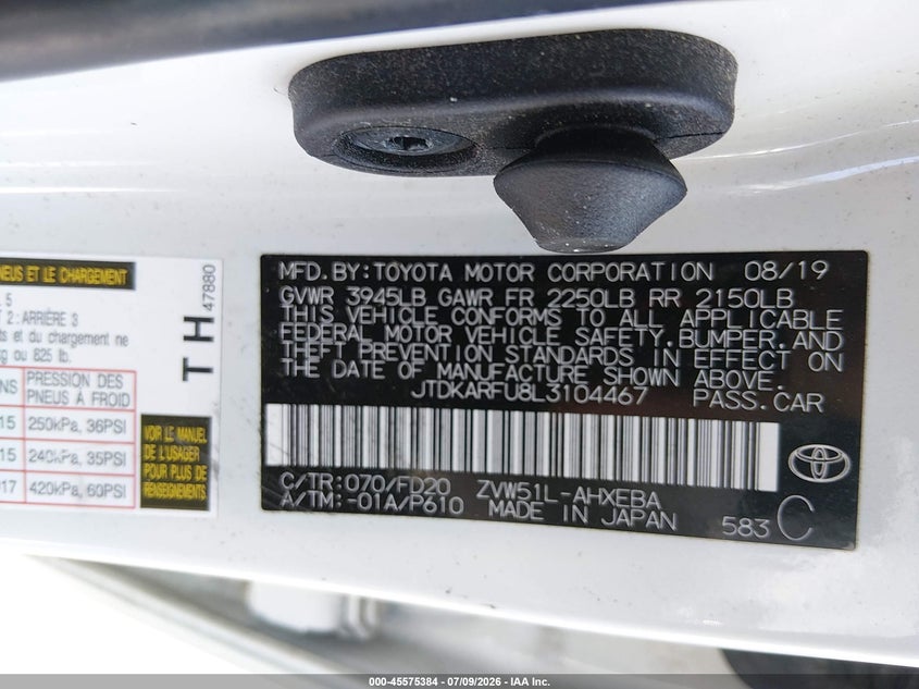 2020 Toyota Prius VIN JTDKARFU8L3104467 IAAI salvage auction — FRONT END, Salvage (North Carolina), sold $5,200 on 2026-07-29 (photo 9)