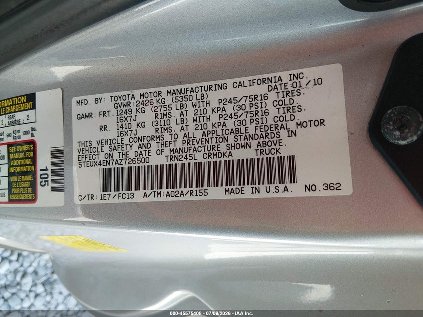 2010 Toyota Tacoma VIN 5TEUX4EN7AZ726500 IAAI salvage auction — REAR END, Salvage (Alabama), sold $25 on 2026-07-30 (photo 9)