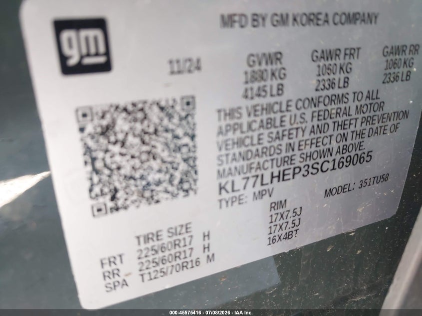 2025 Chevrolet Trax VIN KL77LHEP3SC169065 IAAI salvage auction — HAIL, Salvage Title, sold $11,000 on 2026-08-25 (photo 9)