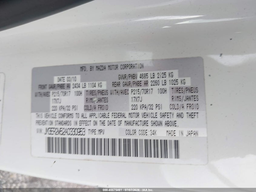2010 Mazda Cx-7 VIN JM3ER2W52A0330953 IAAI salvage auction — NORMAL WEAR, Salvage (Florida), sold $375 on 2026-07-30 (photo 9)