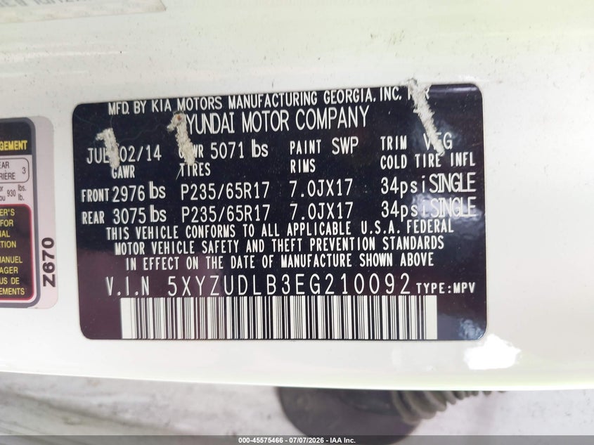 2014 Hyundai Santa fe VIN 5XYZUDLB3EG210092 IAAI salvage auction — THEFT, Salvage Title, sold $650 on 2026-07-27 (photo 9)