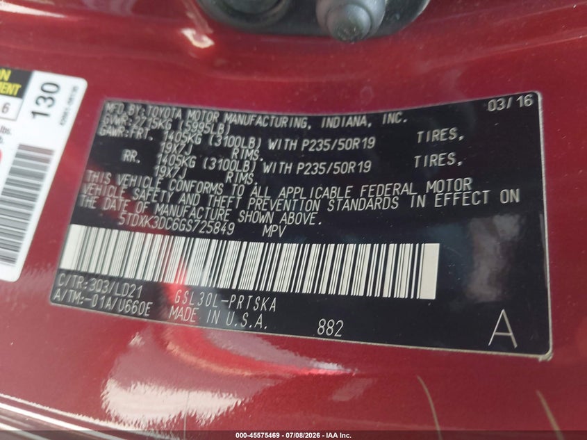 2016 Toyota Sienna VIN 5TDXK3DC6GS725849 IAAI salvage auction — FRONT END, Salvage (Georgia), sold $1,300 on 2026-08-08 (photo 9)