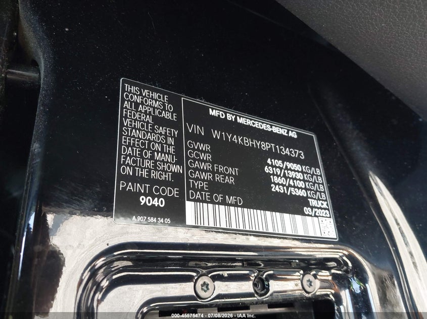 2023 Mercedes-benz Sprinter VIN W1Y4KBHY8PT134373 IAAI salvage auction — THEFT, Rebuildable (Florida), sold $1,250 on 2026-07-29 (photo 9)