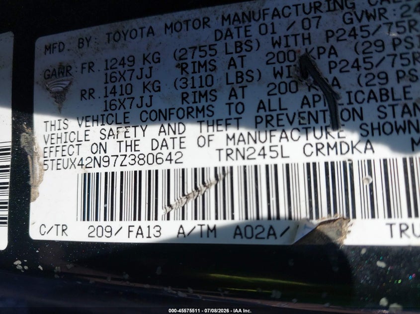 2007 Toyota Tacoma VIN 5TEUX42N97Z380642 IAAI salvage auction — FRONT & REAR, Mv-907A (New York), sold $2,200 on 2026-07-28 (photo 9)