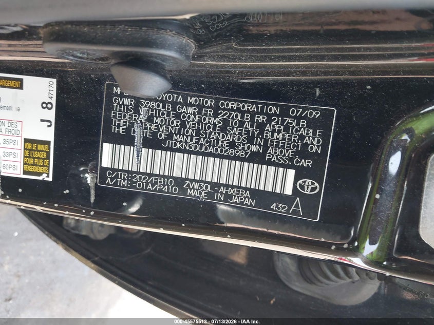 2010 Toyota Prius VIN JTDKN3DU0A0028987 IAAI salvage auction — NORMAL WEAR, Clear (Connecticut), sold $750 on 2026-07-23 (photo 9)