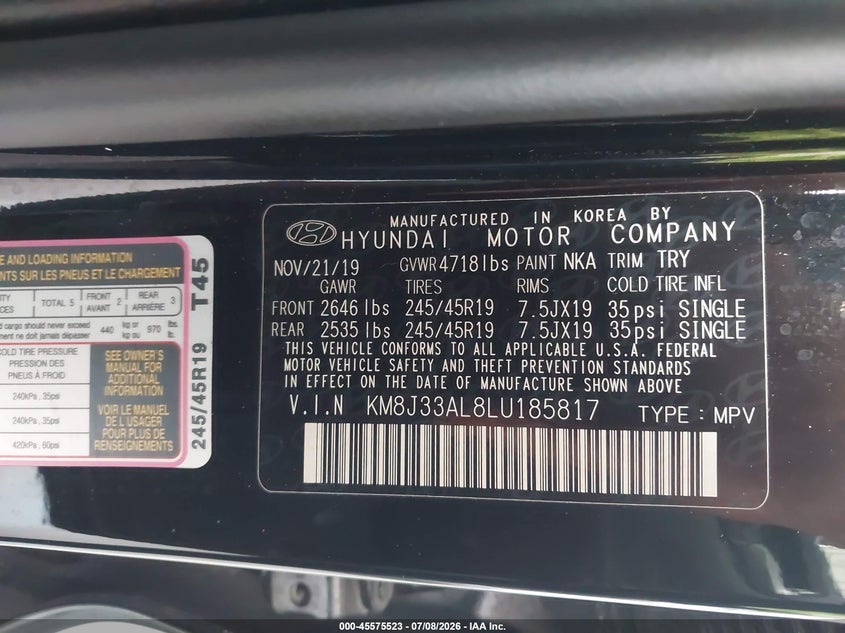 2020 Hyundai Tucson VIN KM8J33AL8LU185817 IAAI salvage auction — ROOF, Rebuildable (Florida), sold $3,600 on 2026-07-29 (photo 9)