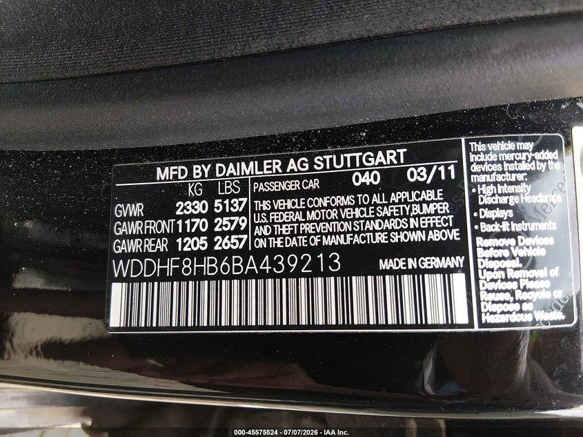 2011 Mercedes-benz E-class VIN WDDHF8HB6BA439213 IAAI salvage auction — NORMAL WEAR, Clear (Virginia), sold $550 on 2026-07-27 (photo 9)