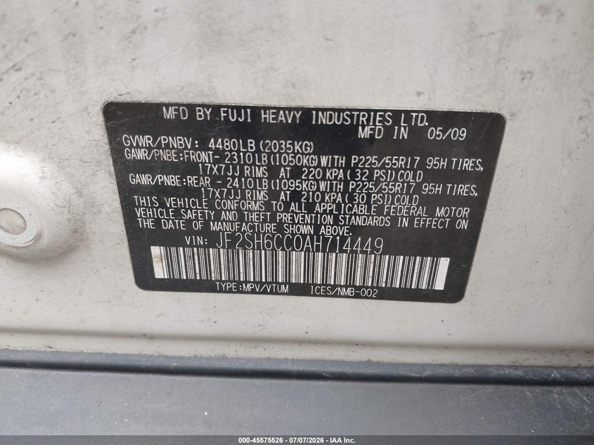 2010 Subaru Forester VIN JF2SH6CC0AH714449 IAAI salvage auction — NORMAL WEAR, Original (Ohio), sold $250 on 2026-07-16 (photo 9)