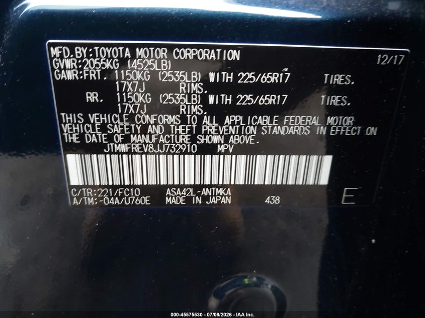 2018 Toyota Rav 4 VIN JTMWFREV8JJ732910 IAAI salvage auction — REAR END, Salvage - Greater Than 75% (Maryland), sold $4,400 on 2026-07-29 (photo 9)