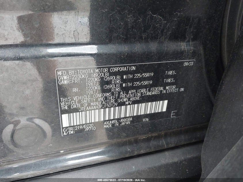 2023 Toyota Venza VIN JTEAAAAH3PJ150129 IAAI salvage auction — RIGHT SIDE, Mv-907A (New York), sold $9,200 on 2026-07-14 (photo 9)