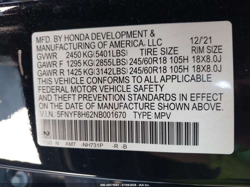 2022 Honda Passport VIN 5FNYF8H62NB001670 IAAI salvage auction — SIDE, Salvage Title, sold $9,150 on 2026-08-26 (photo 9)
