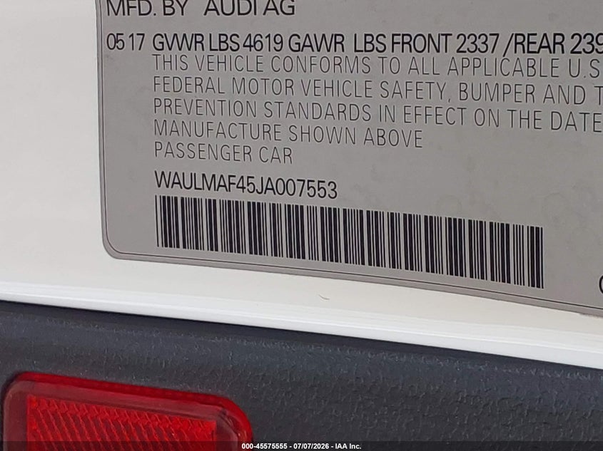 2018 Audi A4 VIN WAULMAF45JA007553 IAAI salvage auction — FRONT END, Salvage (Texas), sold $1,900 on 2026-07-28 (photo 9)