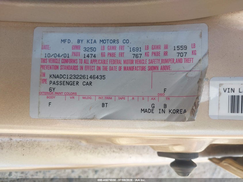 2002 Kia Rio VIN KNADC123226146435 IAAI salvage auction — NORMAL WEAR, Clear (Washington), sold $725 on 2026-07-15 (photo 9)