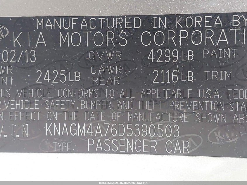 2013 Kia Optima VIN KNAGM4A76D5390503 IAAI salvage auction — SIDE, Salvage - Greater Than 75% (Maryland), sold $1,250 on 2026-08-01 (photo 9)