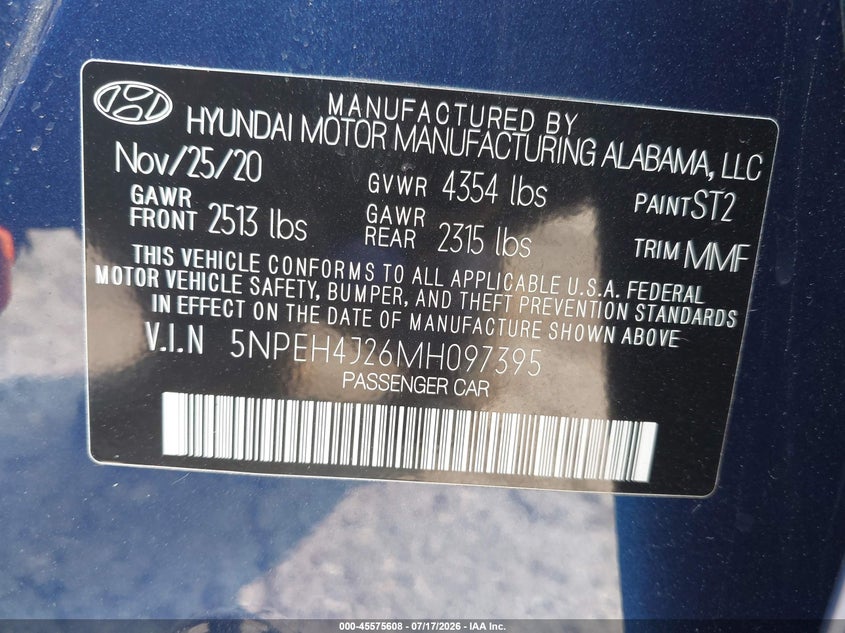 2021 Hyundai Sonata VIN 5NPEH4J26MH097395 IAAI salvage auction — LEFT FRONT, Salvage Title, sold $6,200 on 2026-08-01 (photo 9)