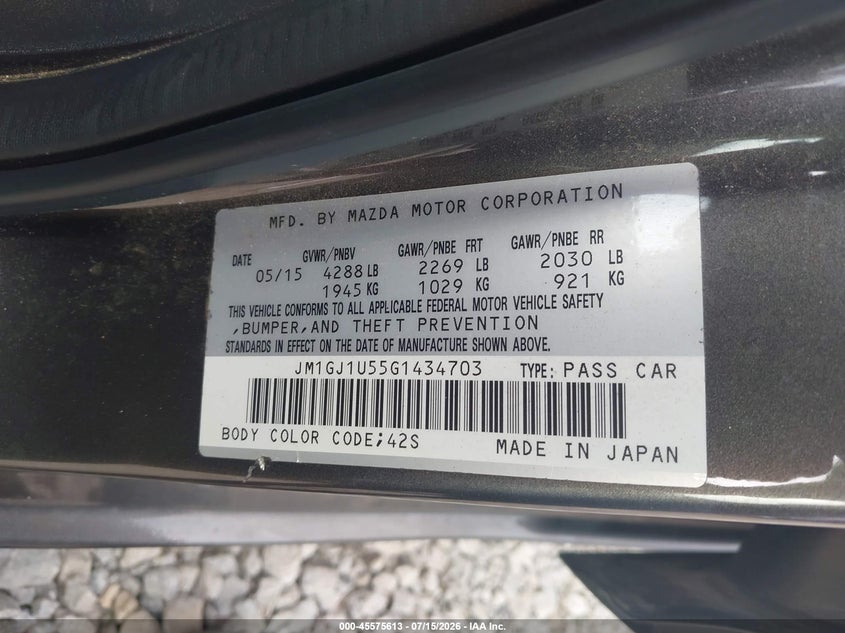 2016 Mazda 6 VIN JM1GJ1U55G1434703 IAAI salvage auction — RIGHT FRONT, Salvage (Tennessee), sold $125 on 2026-07-30 (photo 9)