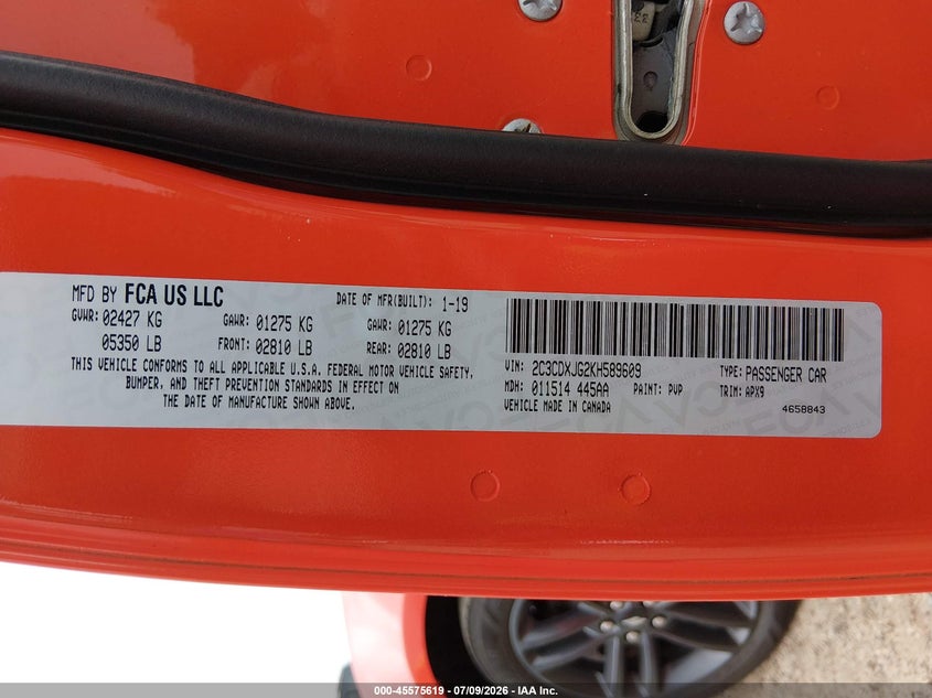 2019 Dodge Charger VIN 2C3CDXJG2KH589609 IAAI salvage auction — SIDE, Salvage - Greater Than 75% (Maryland), sold $3,850 on 2026-07-23 (photo 9)