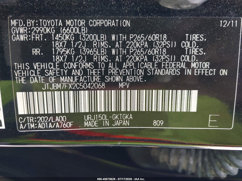 2012 Lexus Gx VIN JTJBM7FX2C5042068 IAAI salvage auction — FRONT END, Salvage - Greater Than 75% (Maryland), sold $7,700 on 2026-07-30 (photo 9)