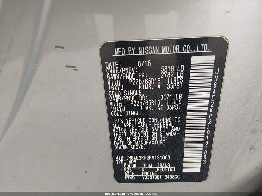 2015 Nissan Quest VIN JN8AE2KP2F9131063 IAAI salvage auction — NORMAL WEAR, Clear (Virginia), sold $375 on 2026-07-24 (photo 9)