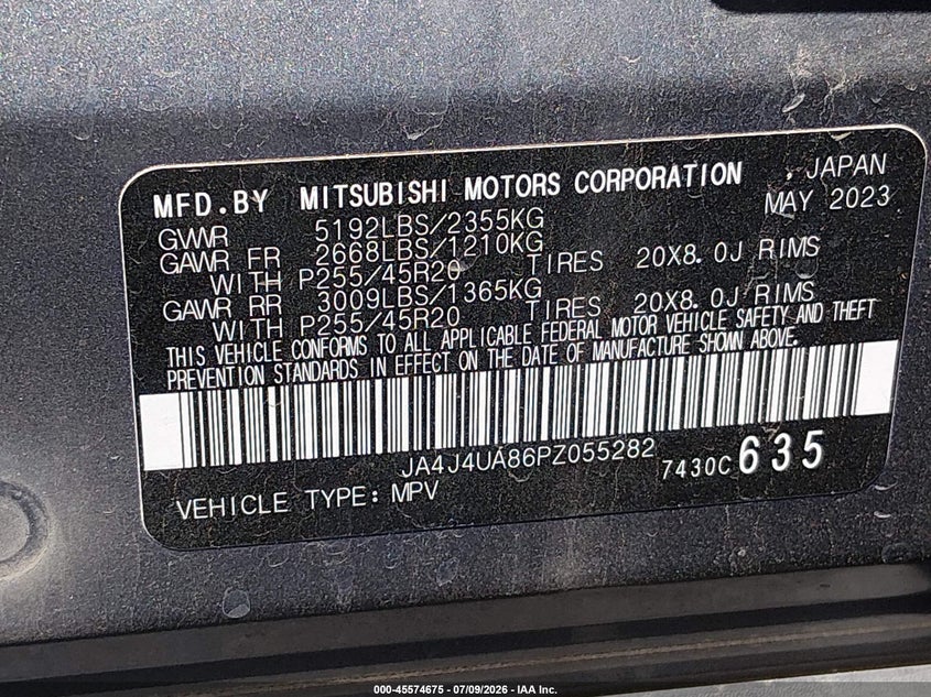 2023 Mitsubishi Outlander VIN JA4J4UA86PZ055282 IAAI salvage auction — FRONT END, Salvage Title, sold $7,200 on 2026-09-27 (photo 9)