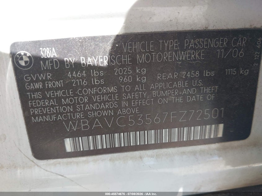 2007 BMW 3 series VIN WBAVC53567FZ72501 IAAI salvage auction — RIGHT SIDE, Salvage (California), sold $400 on 2026-07-28 (photo 9)