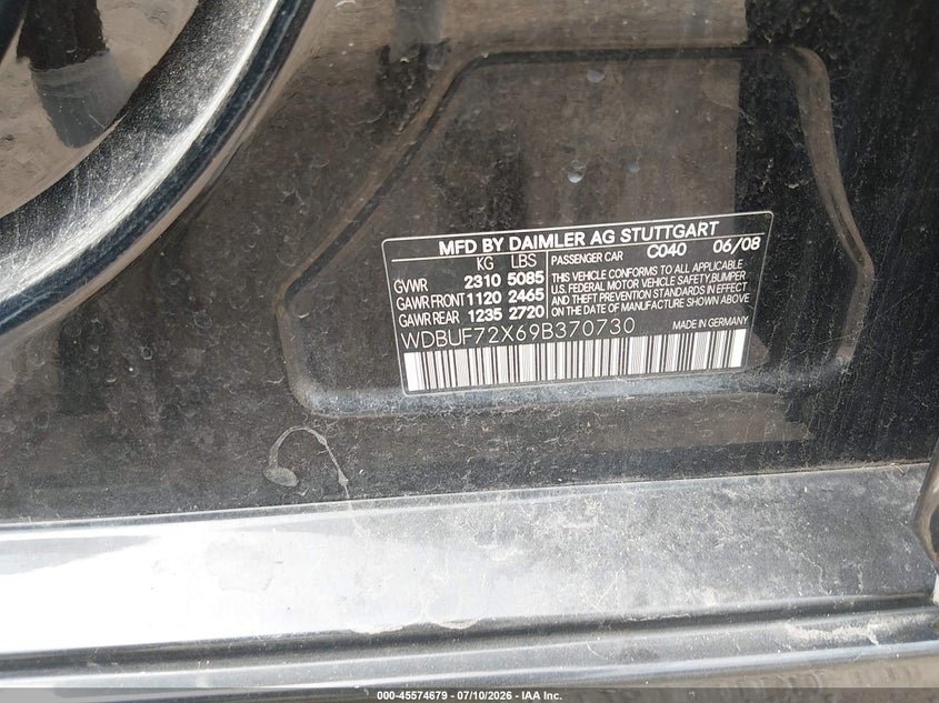 2009 Mercedes-benz E-class VIN WDBUF72X69B370730 IAAI salvage auction — NORMAL WEAR, Regular Certificate (Iowa), sold $450 on 2026-07-29 (photo 9)